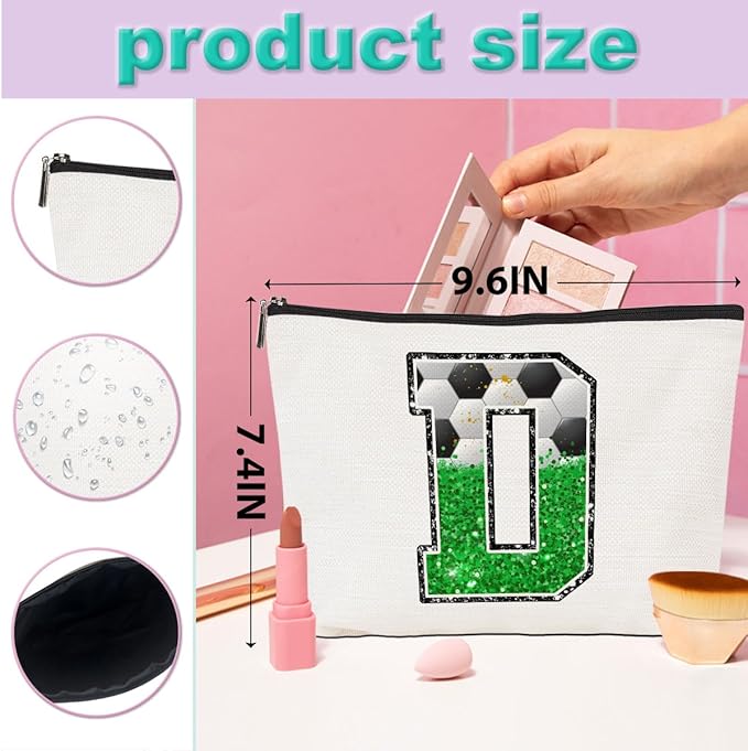CQM Soccer Gifts Initial Makeup Bag Soccer Girl Gifts Cosmetic Bag Letter D