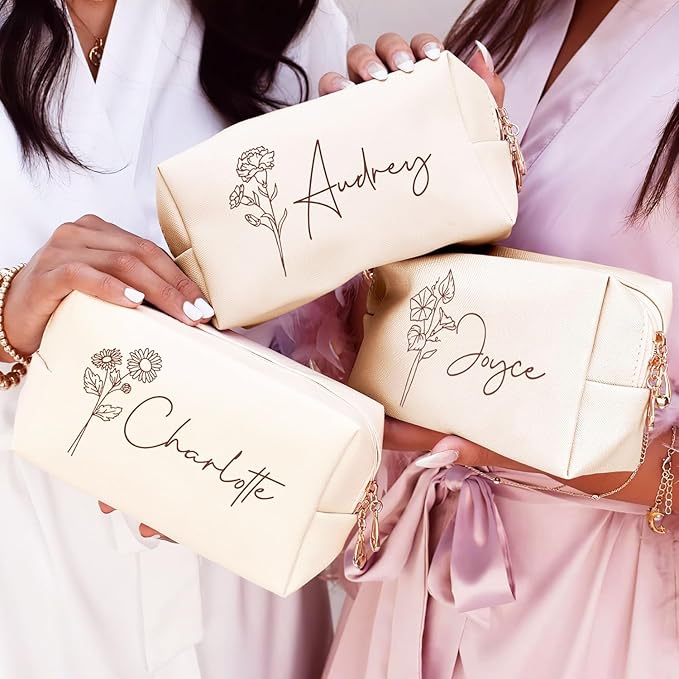 DayOfShe Personalized Name Makeup Bag for Bridesmaid Gifts Bridal Shower Wedding Gifts Custom Travel Toiletry Bag Cosmetic Bag for Best Friend Birthday Gifts