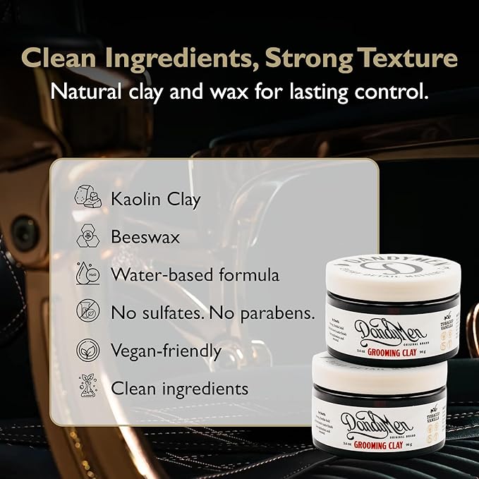 DandyMen Strong Hold Matte Hair Clay for Men – Natural Finish Styling Kaolin Clay – Firm Hold, No Shine – 3.4 oz, 2-Pack