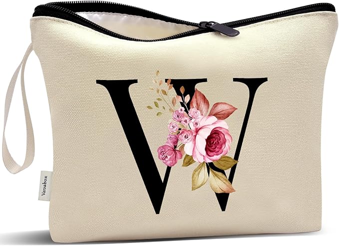 Vavabox A-Z Personalized Makeup Bag, Birthday Gifts for Women Mom, Gifts for Best Friend, Bride Bridesmaid Cosmetic bag (W, Cream Yellow)
