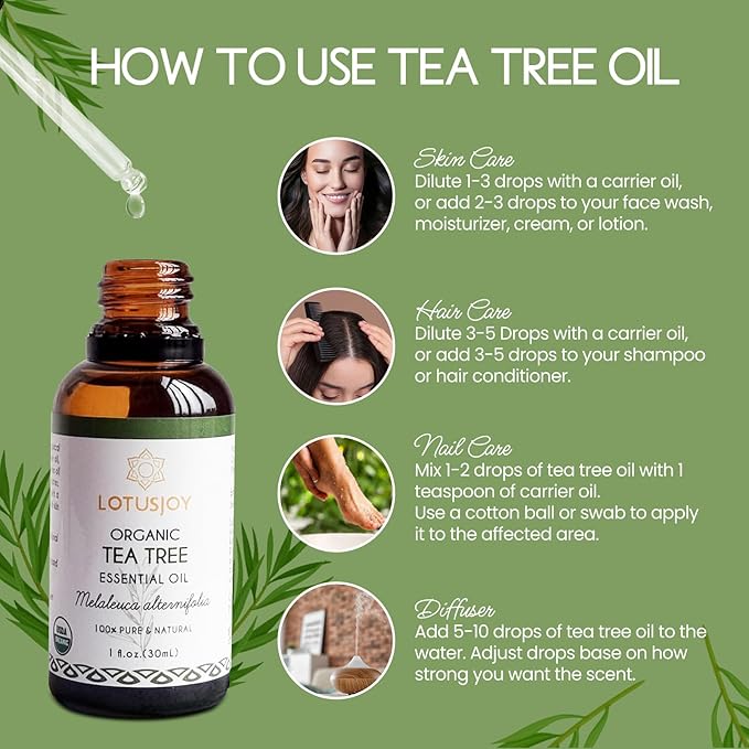 LOUTSJOY Organic Tea Tree Oil for Skin, Hair, Face, Scalp, Nails, 1 Oz