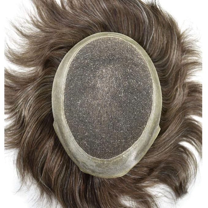 FACE MIRACLE Hair System for Men French Lace Mens Toupee Human Hair Replacement System Lace with PU Toupee for Men Male Hair Piece Wigs 8"X10" #710 7# VERY LIGHT BROWN WITH 10% SYNTHETIC GREY