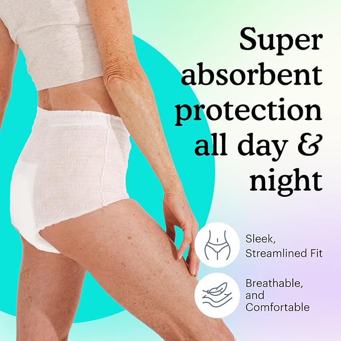 Because Adult Incontinence Underwear for Sensitive Skin - Women - Premium Overnight Disposable Briefs, Anti Odor - White, Small/Medium - Absorbs 6 Cups - 64 Count (4 Packs of 16)
