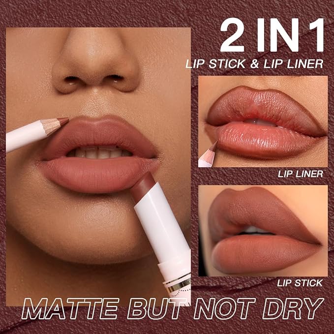 USHAS 2 in 1 Waterproof Lipstick and Lip Liner Combo Set - Long Lasting Matte Lipstick Pen with Lip Liner Set Makeup Kits (S9, Pack of 1)