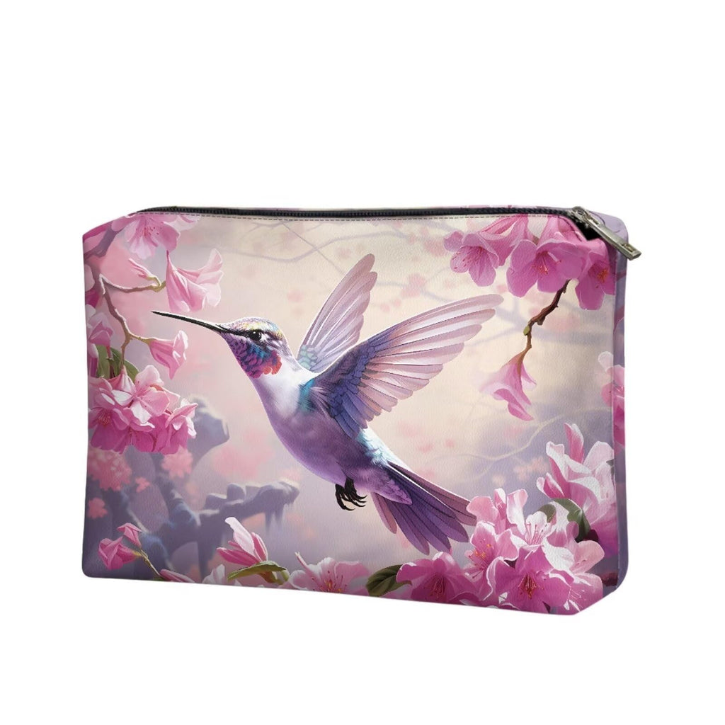 COEQINE Pink Makeup Bag for Women Leather Cosmetic Wallet Pink Hummingbirds Floral Print Cosmetic Purse for Wedding Birthday Party Cute Portable Cell Phone Case