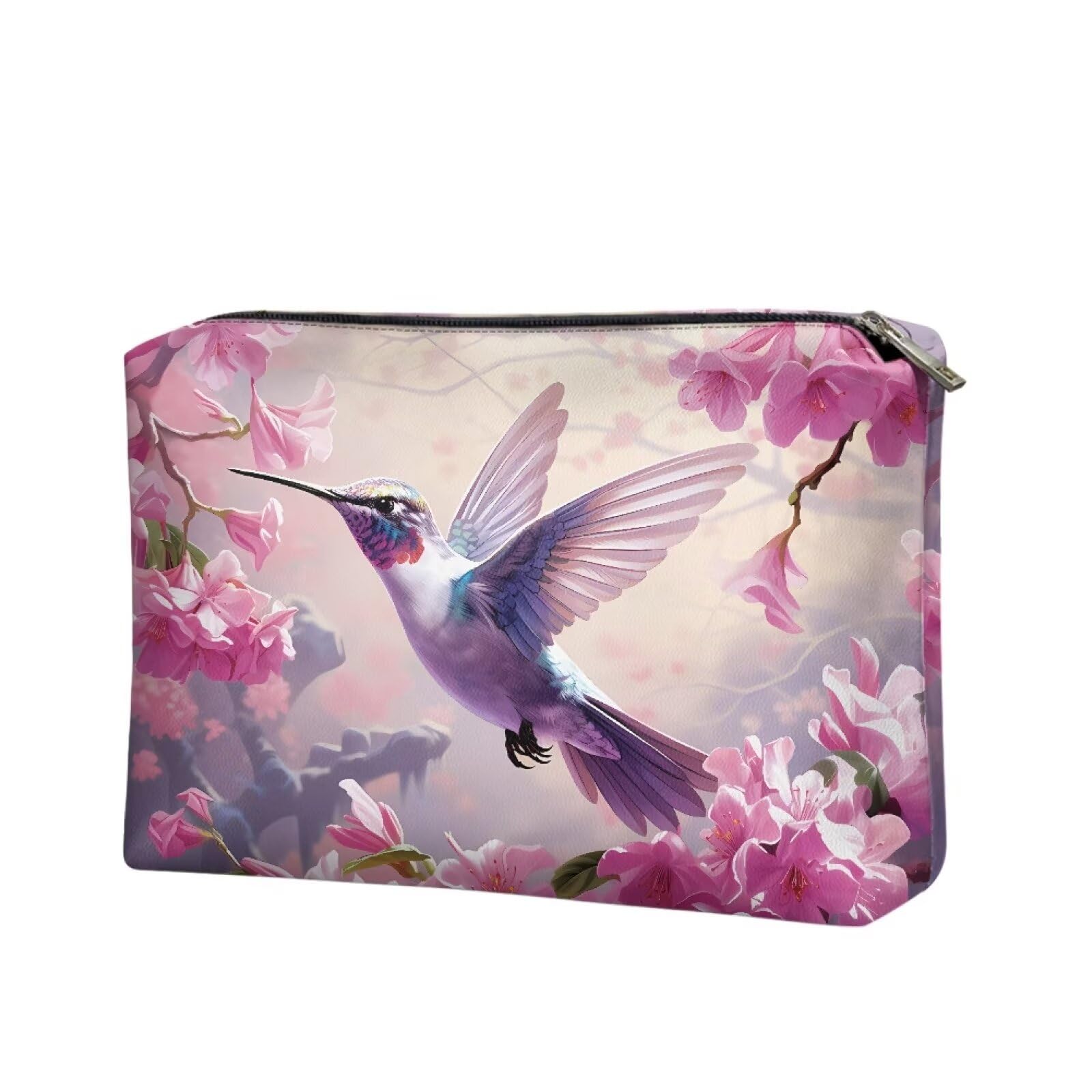 COEQINE Pink Makeup Bag for Women Leather Cosmetic Wallet Pink Hummingbirds Floral Print Cosmetic Purse for Wedding Birthday Party Cute Portable Cell Phone Case