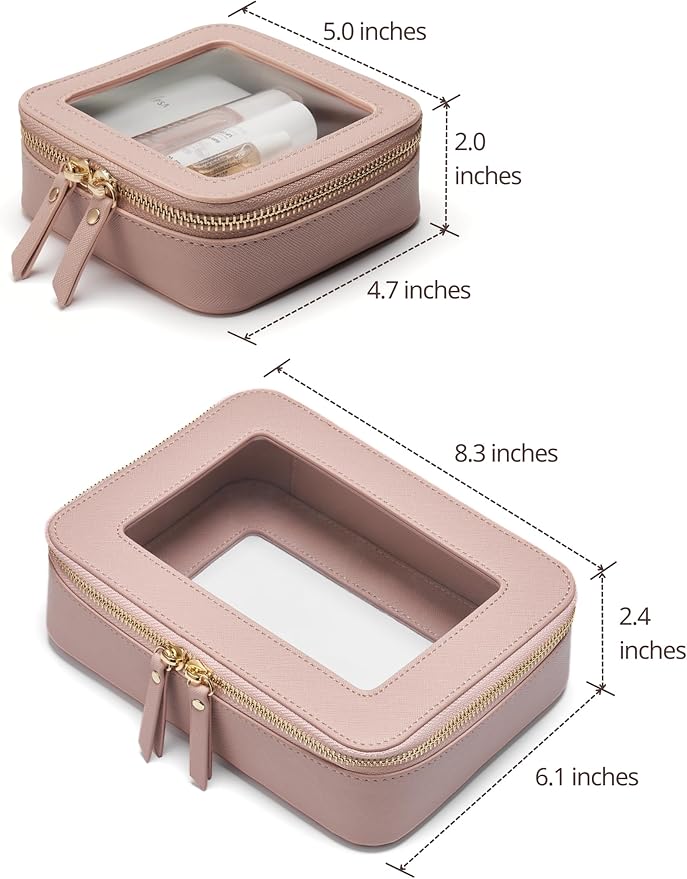 Popvibe Clear Makeup Bag with Zipper, Set of 2, Mini and Medium, Mauve Pink