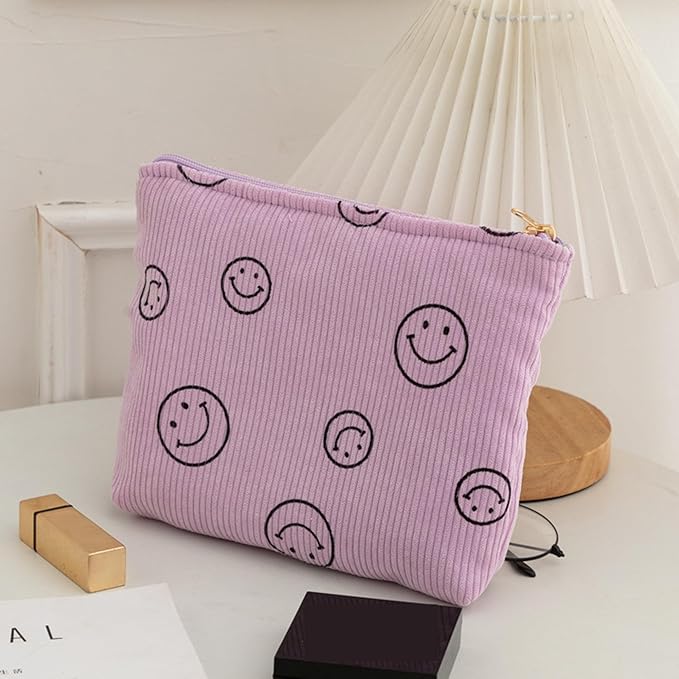 Gardsell Cosmetic Bags for Women - Corduroy Cosmetic Bag Aesthetic Women Handbags Purses Smile Dots Makeup Organizer Storage Makeup Bag Girls Case Bags (Double Purple Green)