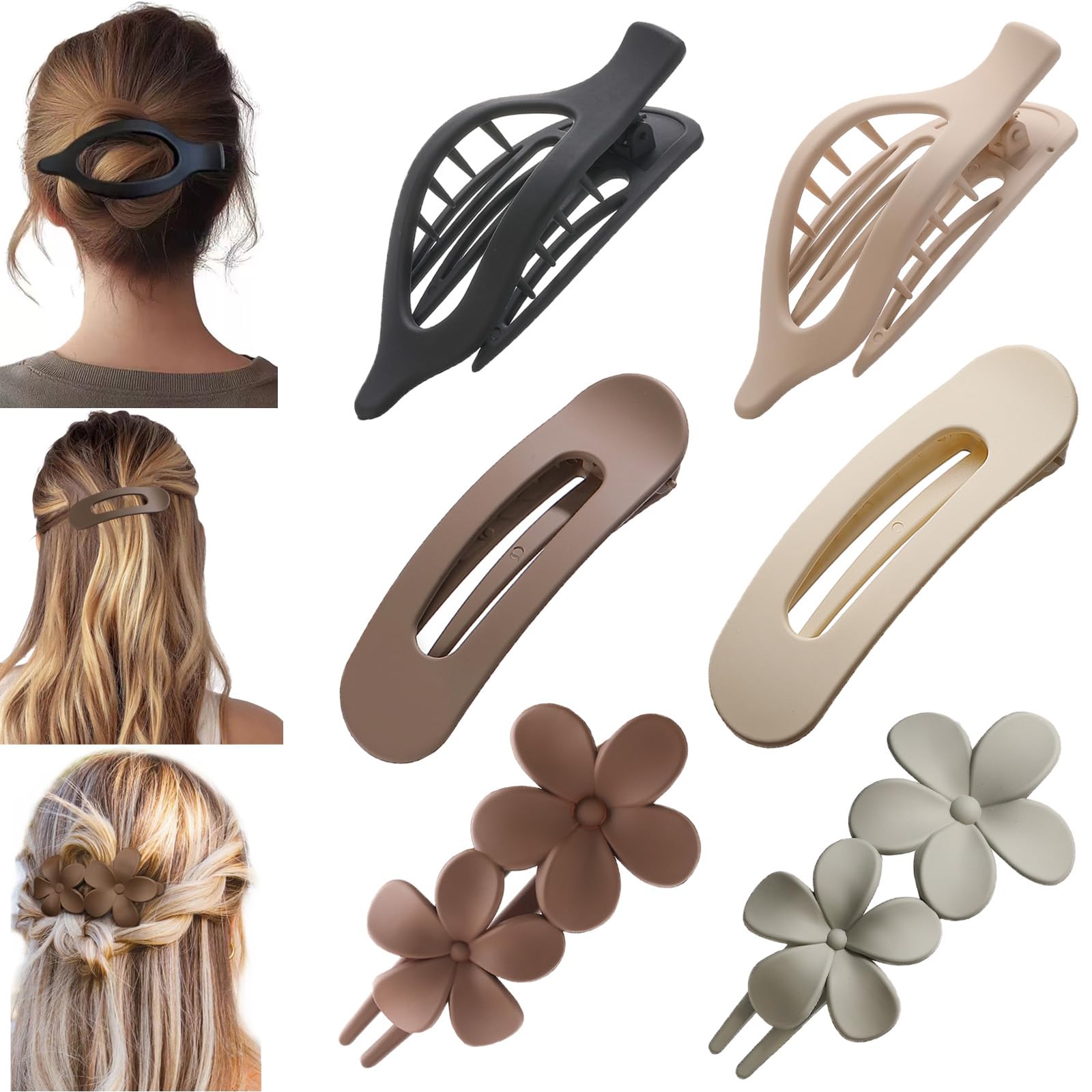 6 Pack Large Flat Claw Clips for Women, French Matte Non Slip Flat Hair Clips, 3 Styles Strong Hold Side Slide Barrettes for Thick Thin Fine Hair, Duckbill No Crease Hair Accessories (Black&White)