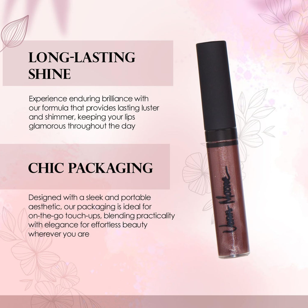 VERA MOORE COSMETICS AND SKIN CARE Lip Gloss, Moisturizing Lip Color with Shimmer for Long Lasting Shine, Lightweight Lip Stain, Girls Non-Sticky Lip Gloss with Aloe Vera, W/Vitamin C, E (Chocolate)