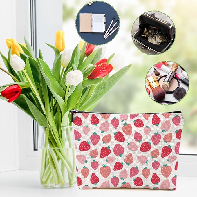 DHKG Cute Pink Strawberry Makeup Bag Retro Fruit Cosmetic Bag Friend Friendship Gifts for Women Girls Sister Bestie Coworker Travel Organizer Zipper Pouch Christmas Thanksgiving Birthday Gifts