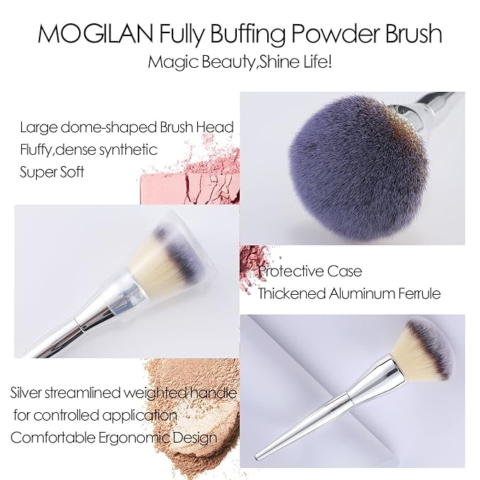 MOGILAN Powder Brush Large Foundation Brush for Pressd Powder Premium Fluffy Synthetic Kabuki Makeup Brush Perfect For Blending Buffing with Loose Powder Liquid Foundation Full Coverage