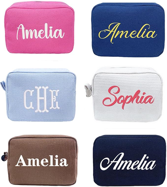 Personalized Embroidered Waffle Cosmetic Bags, Thicken Beauty Makeup Bag
