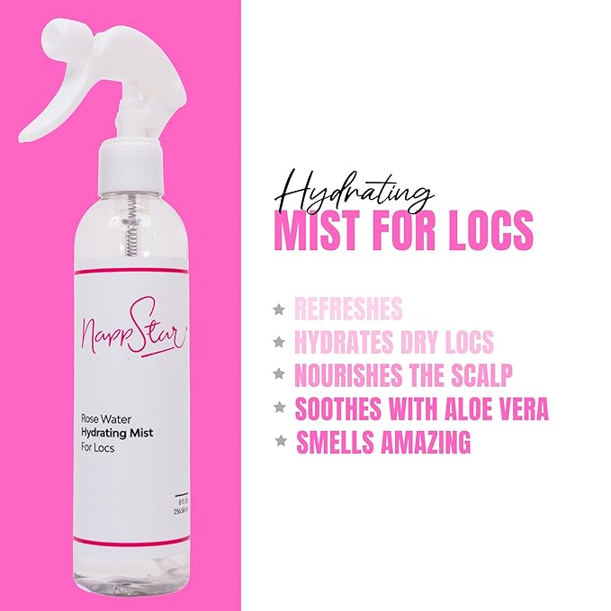 NappStar Rose Water Hydrating Mist, Moisturizing Spray for Dreadlocks, Loc Care with Aloe Vera, 16 Fl Oz