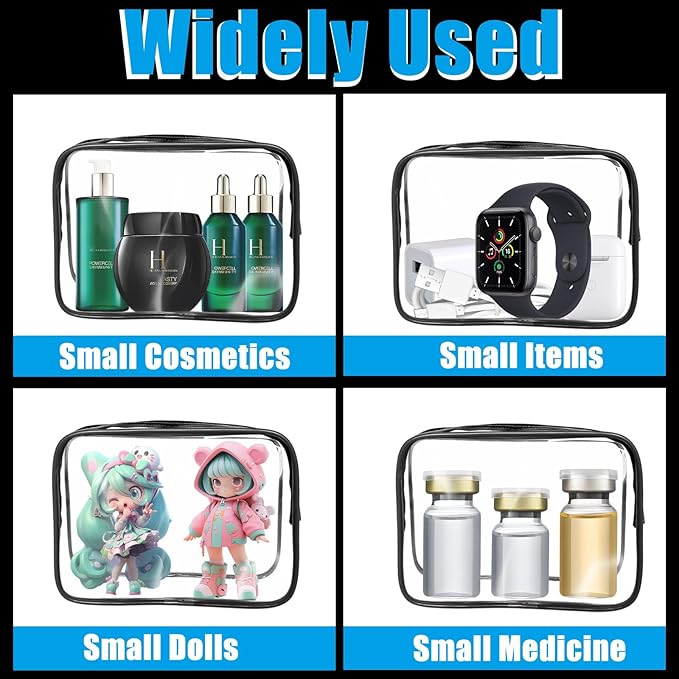 Eilyliafe 12 Pcs Clear Makeup Bag PVC Waterproof Zippered Clear Cosmetic Toiletry Makeup Carry Pouch for Women Men Vinyl Plastic Organizer Case for Vacation Bathroom (Small, Black)