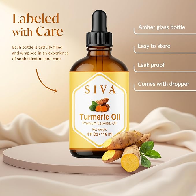 Siva Turmeric Essential Oil 4 Fl Oz – for Diffuser, Skin & Hair Care – Ideal for Massage & DIY Blends- with Dropper