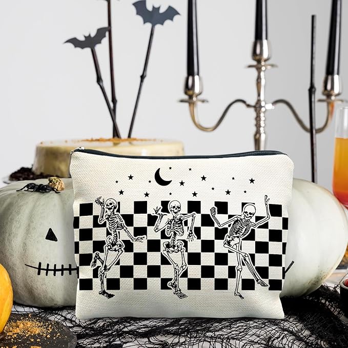 RYYCDOI Funny Gothic Skeleton Makeup Bag - Halloween & Witchy Pouch for Women - Dark Academia & Horror Design (White)