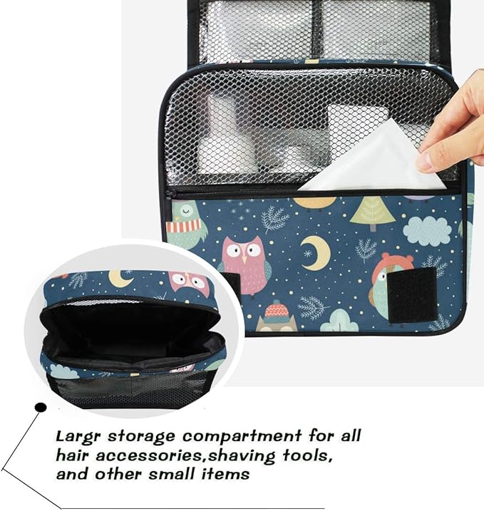 senya Hanging Travel Toiletry Bag Kit Makeup Case Cosmetics Organizer for Men Women (Owl Moon Cloud Night)