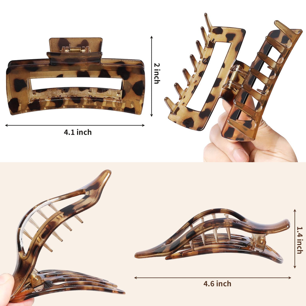Hair Clips for Women 4.3 Inch Large Hair Claw Clips 8 pcs Square Claw Clips & Flat Hair Clips for Thick or Thin Hair French Concord Hair Barrettes Alligator Hair Accessories for Women (Leopard)