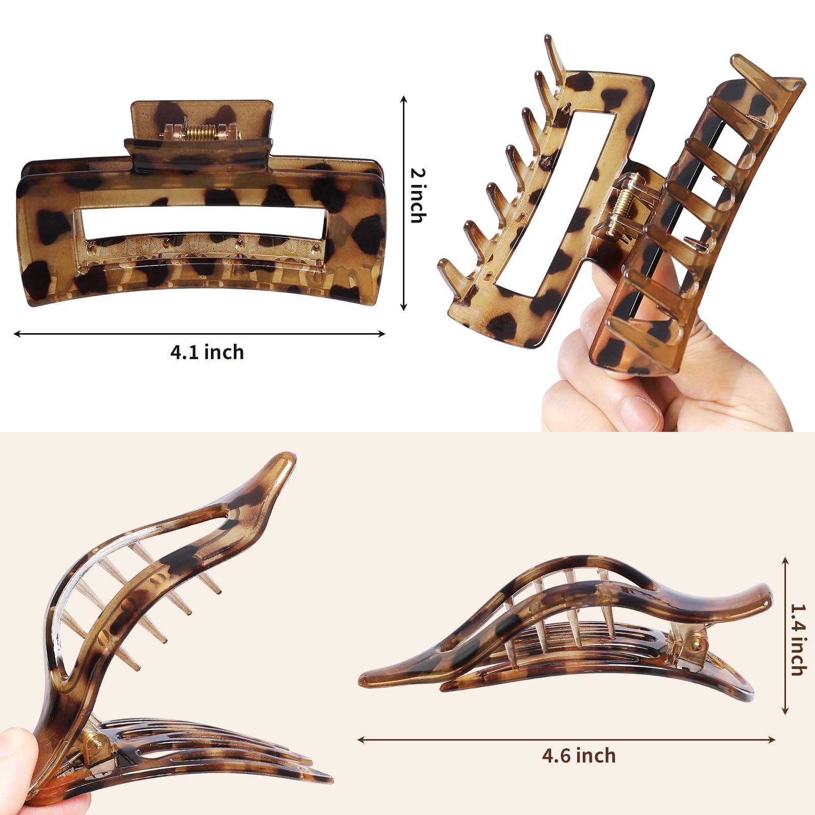 Hair Clips for Women 4.3 Inch Large Hair Claw Clips 8 pcs Square Claw Clips & Flat Hair Clips for Thick or Thin Hair French Concord Hair Barrettes Alligator Hair Accessories for Women (Leopard)