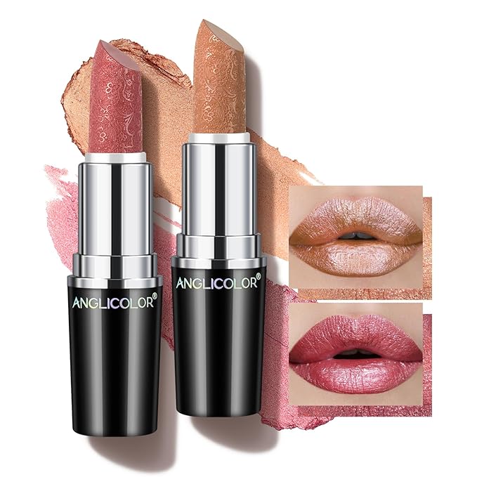 Anglicolor 2pcs Metallic Pink and Nude Lipstick High Impact Lipcolor,Moisturizing Creamy Formula,Frosted Lipstick For Women,Girls,Full-Coverage Lip Color