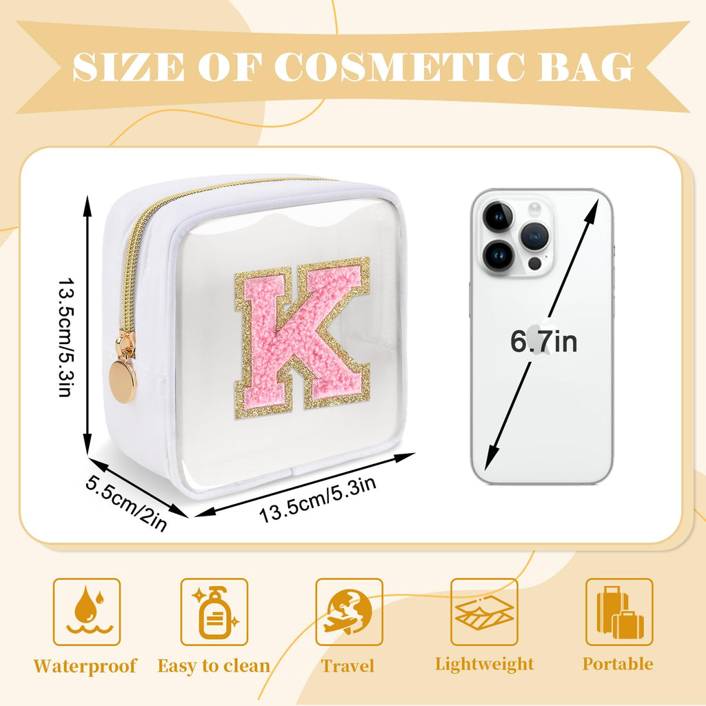 Personalized Initial Letter Clear Preppy Makeup Bag,Mini Nylon Chenille Letter Cosmetic Bag Cute Zipper Pouch Purse for Teen Girls,Portable TSA Approved Beach Travel Essentials Bag Gift for Women,K
