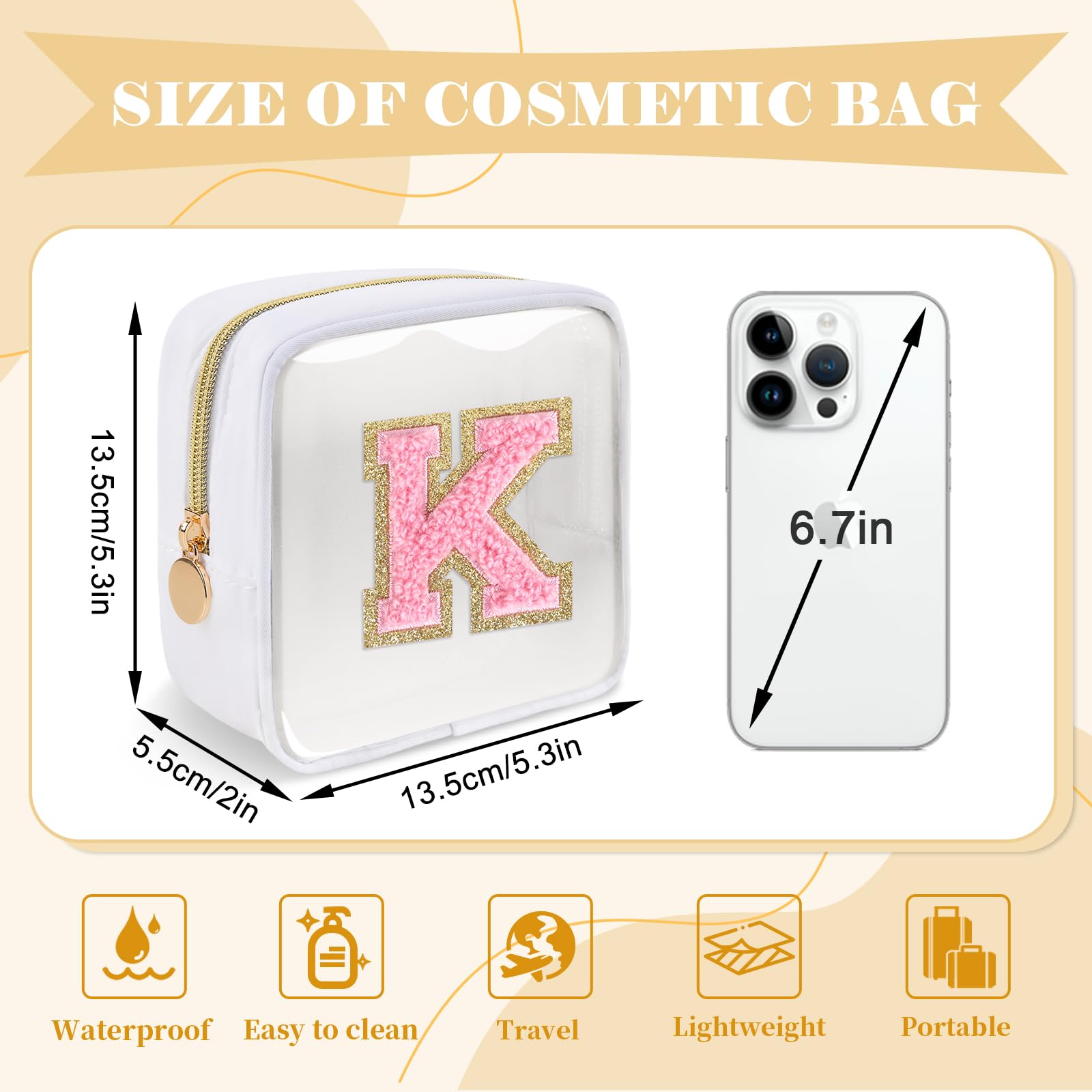 Personalized Initial Letter Clear Preppy Makeup Bag,Mini Nylon Chenille Letter Cosmetic Bag Cute Zipper Pouch Purse for Teen Girls,Portable TSA Approved Beach Travel Essentials Bag Gift for Women,K