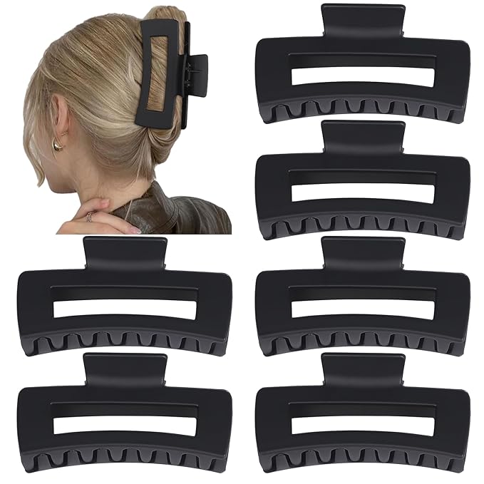 Sisiaipu 4 Inch Big Hair Claw Clips 6 Pcs Large Claw for Thick Hair Square Hair Clips for Women Rectangle Hair Clips Nonslip Acrylic Banana Jaw Clips Hair Accessories for Girls (Black)