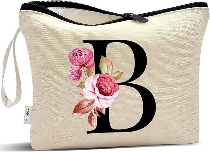 Vavabox A-Z Personalized Makeup Bag, Birthday Gifts for Women Mom, Gifts for Best Friend, Bride Bridesmaid Cosmetic bag (B, Cream Yellow)