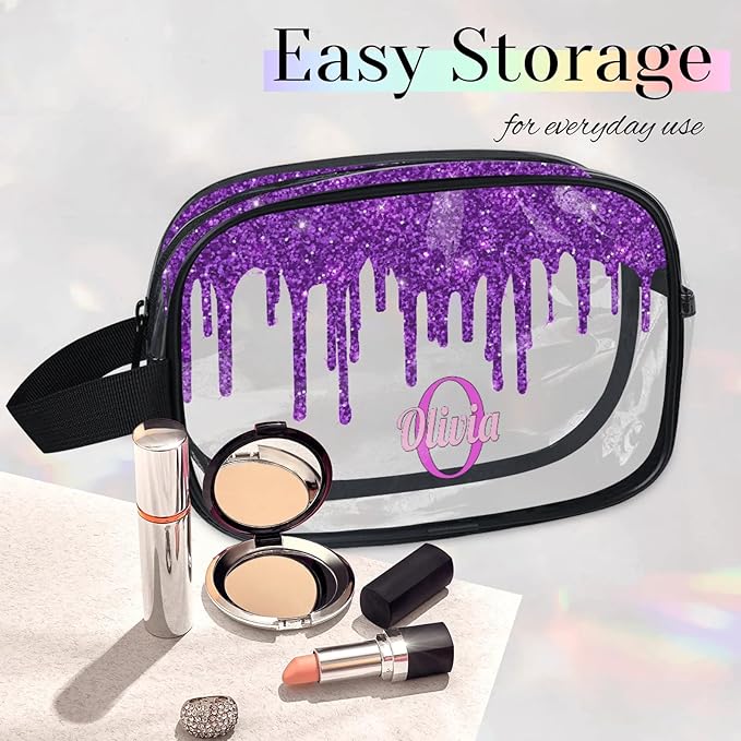 KFNHN Personalized Transparent Makeup Bag with Name, Travel Clear Cosmetic Bag for Women, Friends, Mother's Day, Bridesmaid, Bride, Wedding, Graduation, Deep Purple Sequins Fluid Shape
