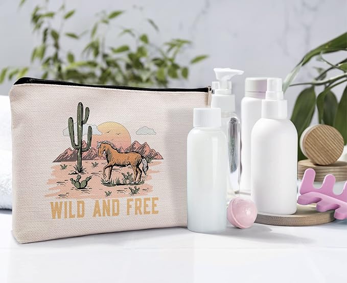 Dwept Wild and Free Cowgirl Cosmetic Bag, Wild West Retro Western Horse Cactus Desert Makeup Bag Zipper Cosmetic Pouch Bag Travel Linen Makeup Organizer, Cowgirl Gifts for Women Girls Teen Girls Her