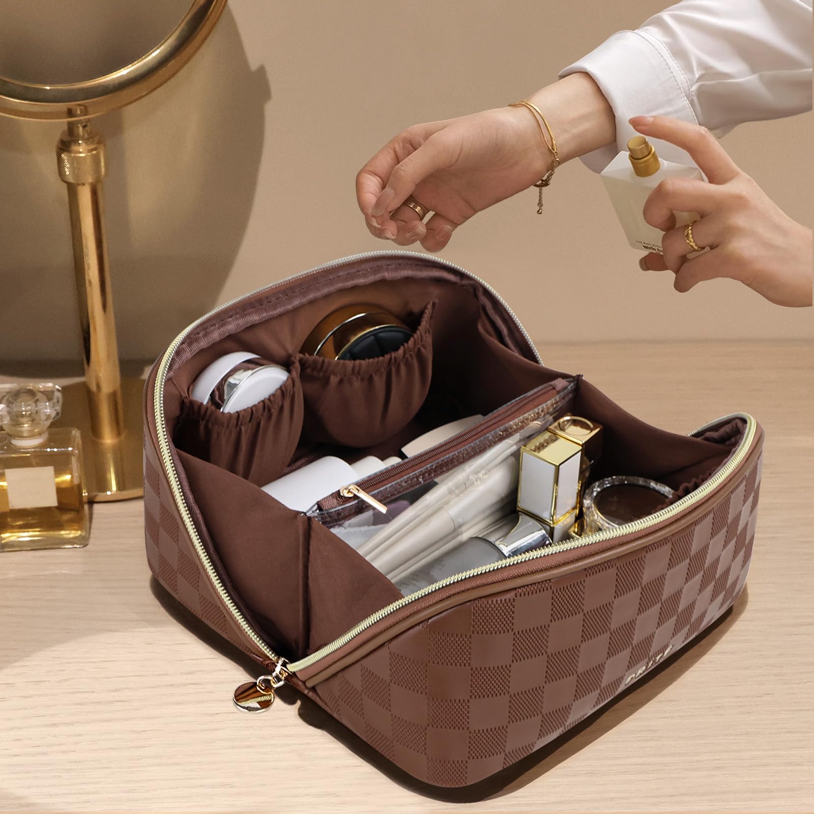 Prite Makeup Bag Travel Toiletry Bag Open Flat Cosmetic Organizer for Women