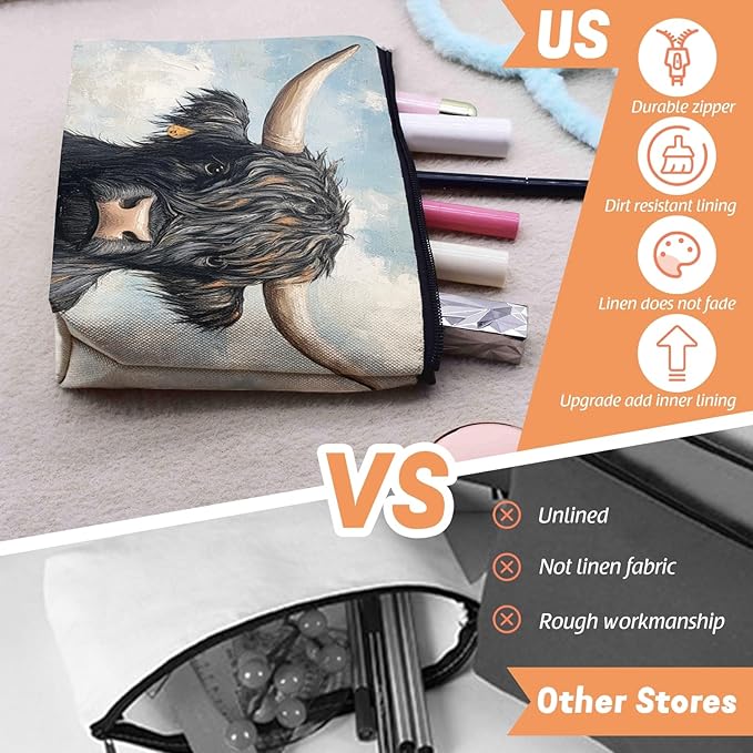 Scribesense Cosmetic Bags Travel Makeup Toilet Case Waterproof Pouch for Women Girls 6.7X9.45inches - Black Yak With Large Horns in A Flower - Filled Meadow