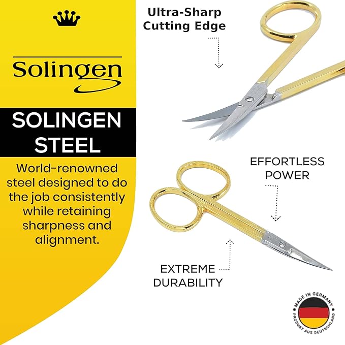 Camila Solingen CS05 Professional Nail Cuticle Scissors, Hypoallergenic Gold Plated Sharp Curved Manicure Pedicure Grooming for Finger and Toe Nail Care. Made of Carbon Steel in Solingen, Germany