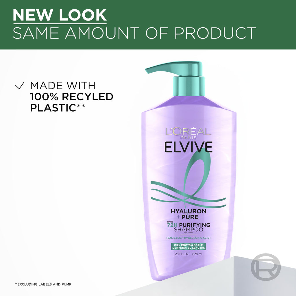 L'Oreal Paris Elvive Hyaluron + Pure Shampoo and Conditioner Set, Clarifying Shampoo and Rehydrating Conditioner with Salicylic Acid and Hyaluronic Acid, 56 Fl Oz Set