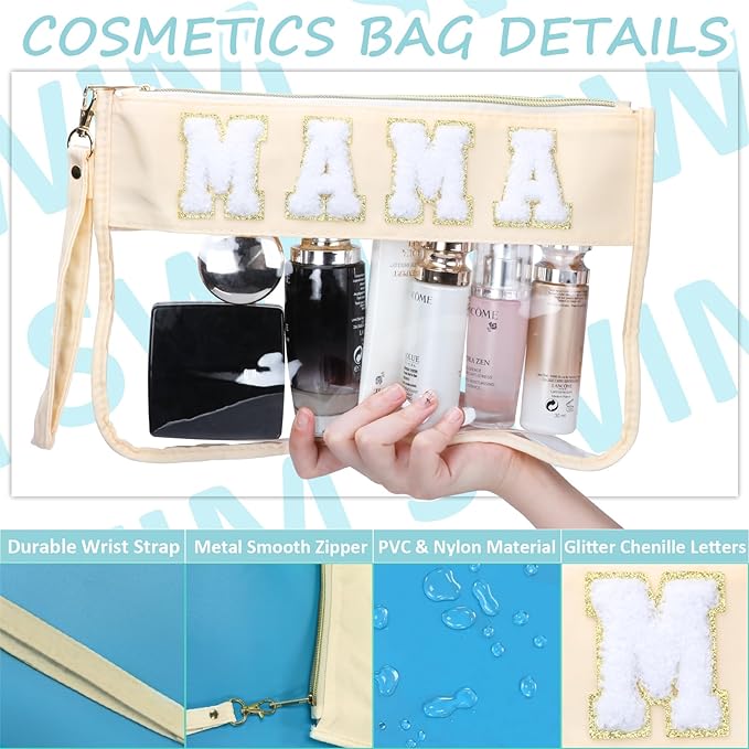 BuyCard 2 Pcs Preppy Patch Clear Mama Bag, Women Chenille Letter Makeup Cosmetic Bag for Travel, PVC Waterproof Organization Outdoor Zipper Pouch Toiletry Bag for Women Girl