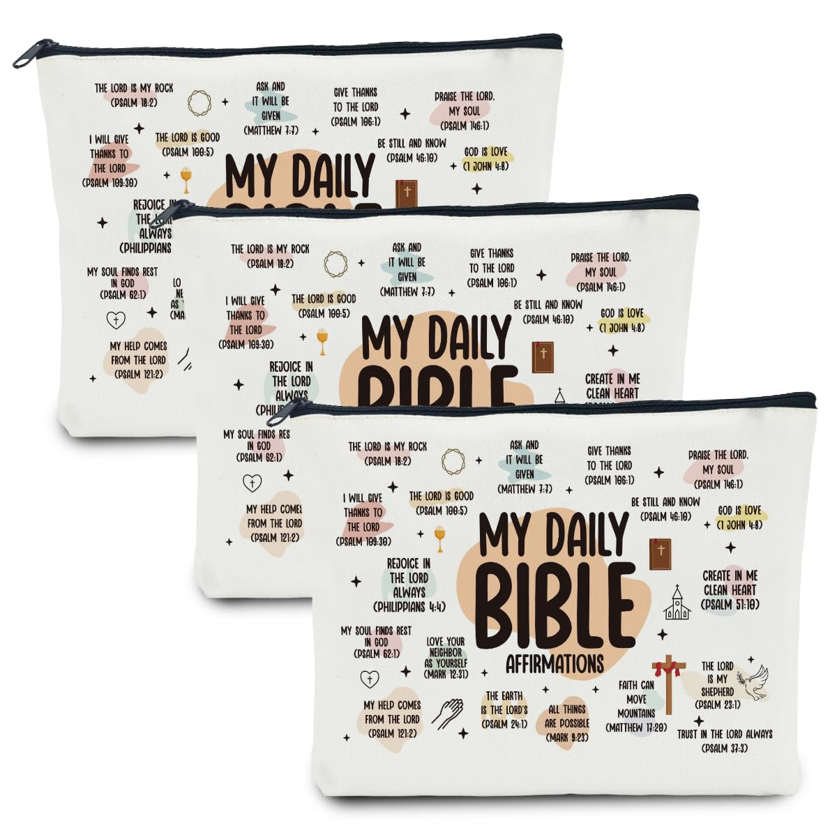 3 Pcs Inspirational Christian Gifts for Women: Bible Verse Scripture Makeup Bag Cosmetic Bag for Girl Daughter Bestie Friendship Gifts - Thanksgiving, Christmas, Graduation, Birthday