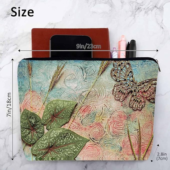 Kalygon Women Cosmetic Bag Butterfly, Pond Green Leaves Floral Butterflies Cute Makeup Bag For Purse Cosmetic Travel Bag For Toiletries Makeup Storage Bag Flax Skincare Bag Make Up Pouch Bags