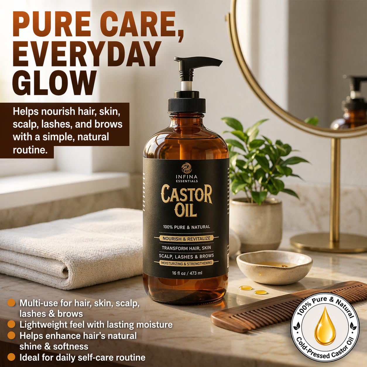 Pure Cold Pressed Castor Oil, Hexane Free Glass Bottle Unrefined, 16 fl oz
