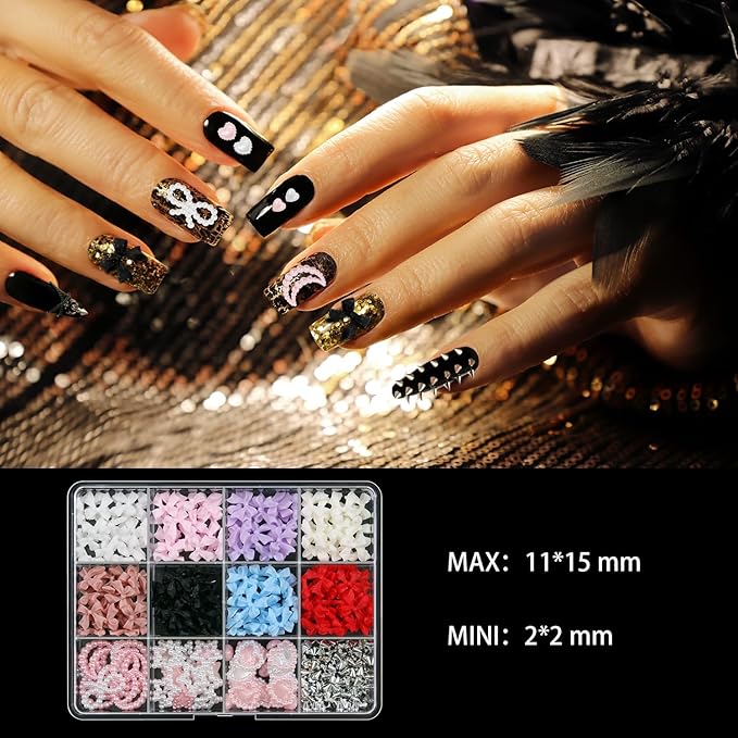 Artdone Nail Art Studs Glitter Kit, 12 grids 8 Colors 3D Charms and Pink Mix White Star Heart Moon Cute Nail Jewels for DIY Decoration