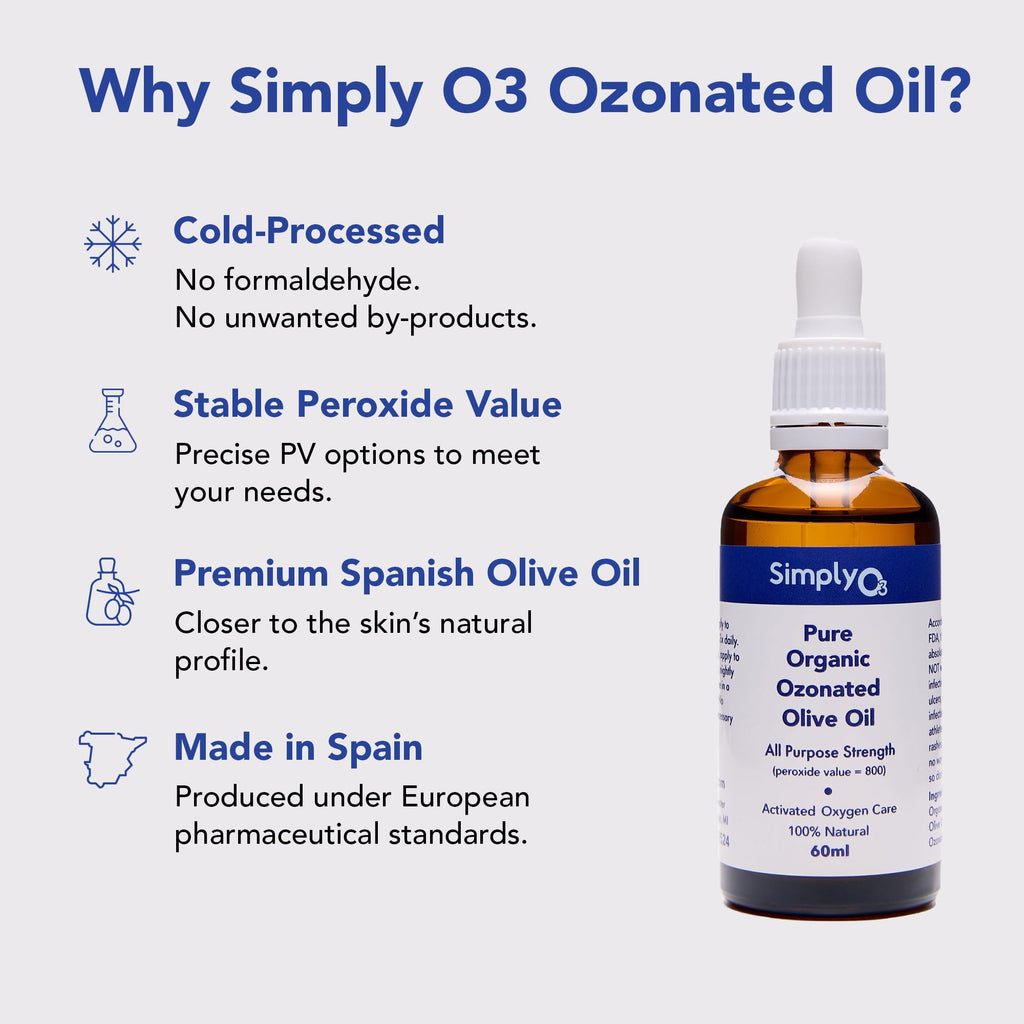 Simply O3 Pure Organic Ozonated Olive Oil Extra Strength 1200 Peroxide For Face and Skin Helps In Acne, Anti-Aging, Wrinkles and Rosacea For Sensitive Skin Made in Spain