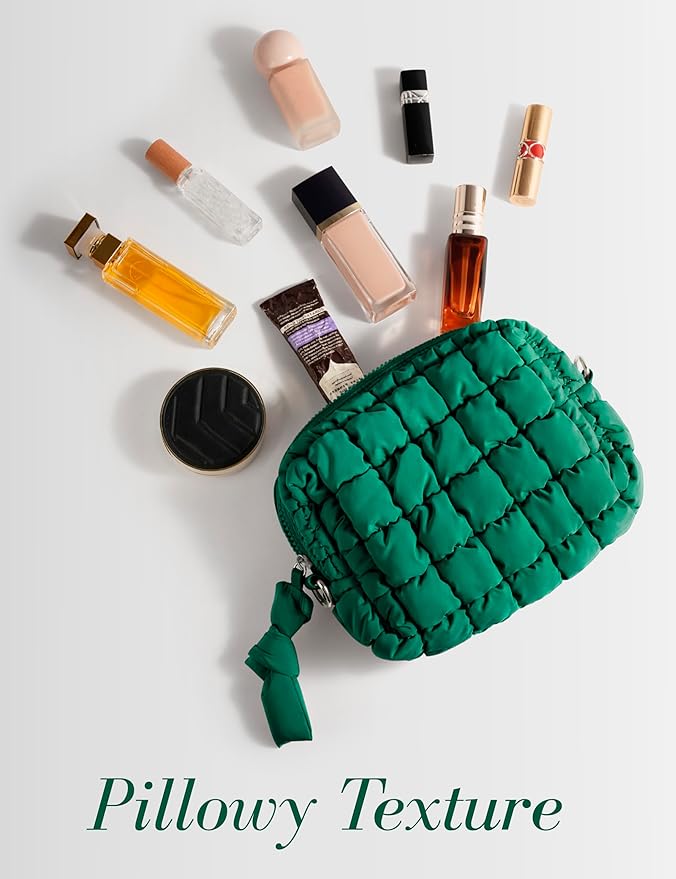 Yarnic Quilted Makeup Bag, Deep Green Puffy Cosmetic Bag Pouch