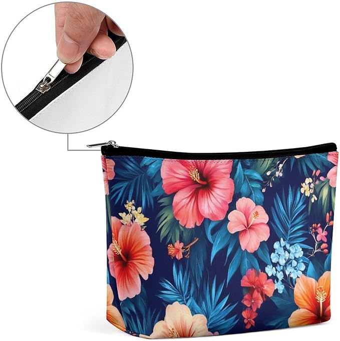 Meaudiwes Travel Cosmetic Bag, Large Makeup Case, Toiletry Bag, Personality Fashion Zipper Cosmetic Case Tropical Hawaiian Colorful Hibiscus Flowers