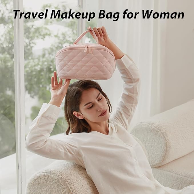 Hbviret Makeup Bag for Woman, 180° Lay Flat Wide Open Makeup Bags, Large Fold out Washable Cosmetic Case, Quilted Puffy Toiletry Bags for Toiletries (Blue)