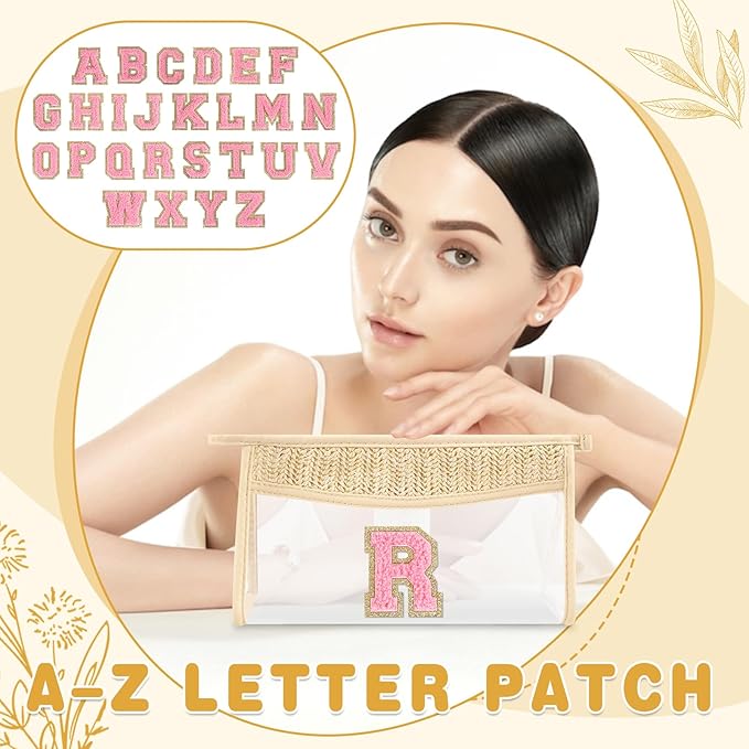 Small Boho Straw Initial Letter Makeup Bag Personalized Gift ,Cute Clear Chenille Patch Makeup Bag With Zipper,Trendy TSA Approved Travel Toiletry Bag,Gift for Women Girls Birthday Friend, Letter R