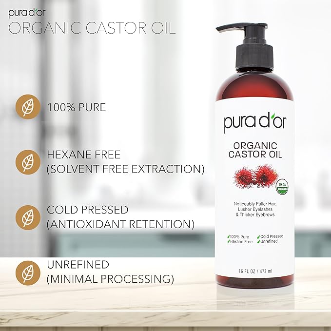 PURA D'OR ORGANIC Castor Oil (16 Oz) Pure Cold-Pressed Hexane-Free USDA Certified