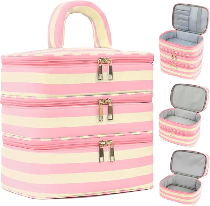 Apxouans Three Layer Makeup Bag for Women Fashion Stripes Cosmetic Bag Preppy Style Travel Water-Resistant Toiletry Bag for Storage Toiletries Cosmetics Sets for Women Teen Girls Pink