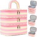 Apxouans Three Layer Makeup Bag for Women Fashion Stripes Cosmetic Bag Preppy Style Travel Water-Resistant Toiletry Bag for Storage Toiletries Cosmetics Sets for Women Teen Girls Pink