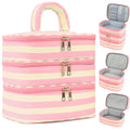 Apxouans Three Layer Makeup Bag for Women Fashion Stripes Cosmetic Bag Preppy Style Travel Water-Resistant Toiletry Bag for Storage Toiletries Cosmetics Sets for Women Teen Girls Pink