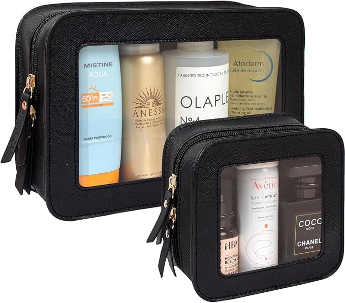 LETGO Clear Makeup Bag Set for Women Portable Clear Makeup Bag Cute Waterproof Travel Cosmetic Bag Travel Essentials Car Accessories for Women Men(Black, Standard + Mini)